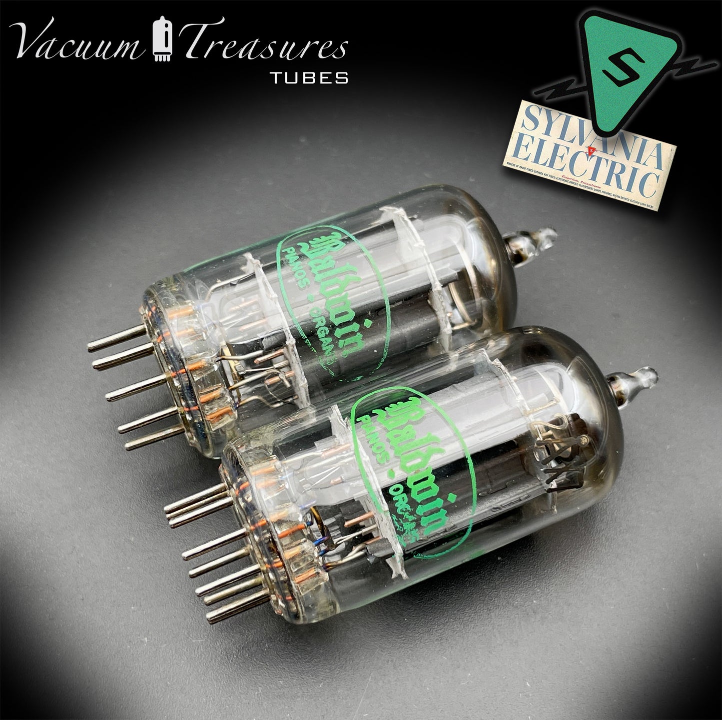 12AX7 ECC83 NOS Baldwin by SYLVANIA – Matched Pair – Long Gray Plates Halo Getter USA 1951