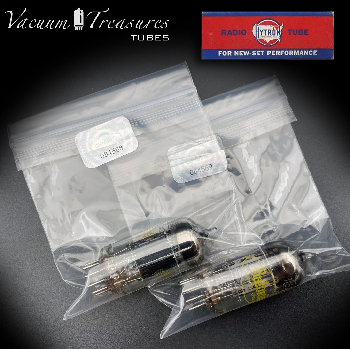 12AU7A ECC82 Baldwin / HYTRON Matched Pair Black Plates Halo Getter Tested Tubes USA