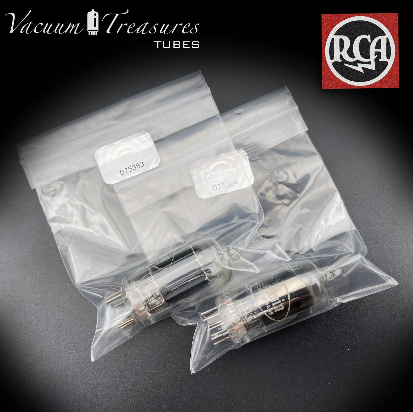 12AU7 / ECC82 Baldwin by RCA AMPLITREX Matched Pair Clear Top Long Gray Plates Side D Getter Tubes