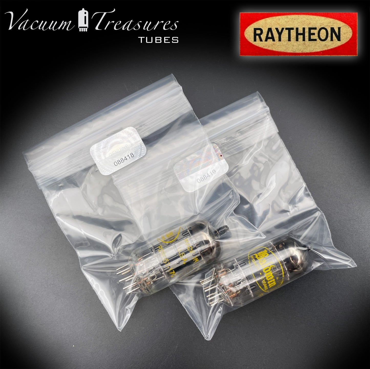 12AU7A / ECC82 NOS Baldwin by RAYTHEON Matched Pair Tubes Long Black Plates Halo Getter Made in USA '61