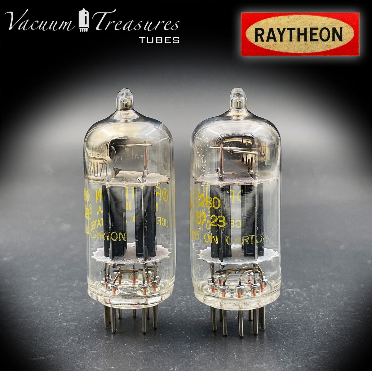 12AU7 / ECC82 RAYTHEON Matched Pair Long Black Plate Square Getter Tested Tubes USA '57