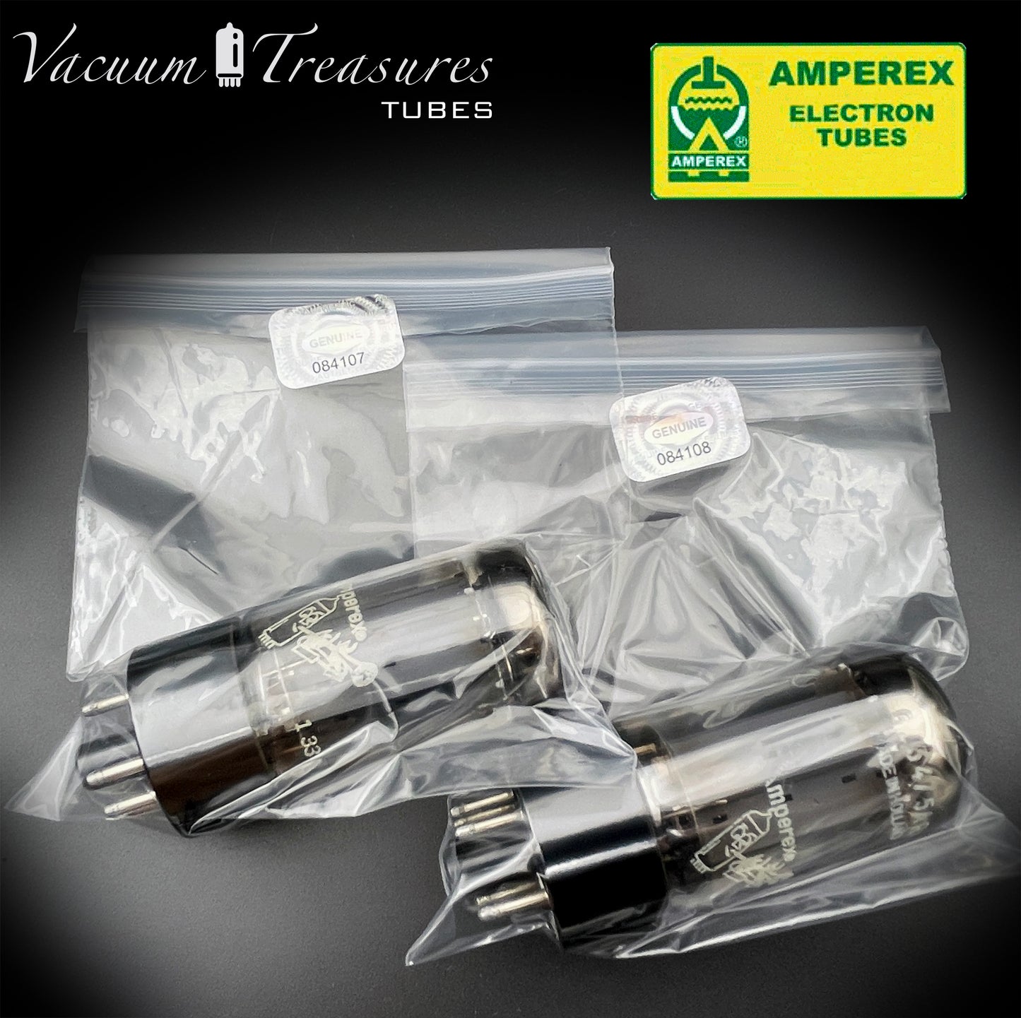 5AR4 ( GZ34 ) NOS AMPEREX Bugle Boy, Holland f33, smooth, Same codes, Matched Pair Tubes Rectifiers Made in HOLLAND