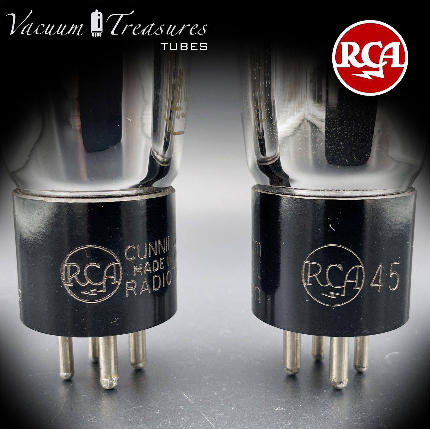 45 ST RCA Cunningham Matched Pair Black Plates Foil Dimpled Getter Radiotron Tubes Made in USA 1930's