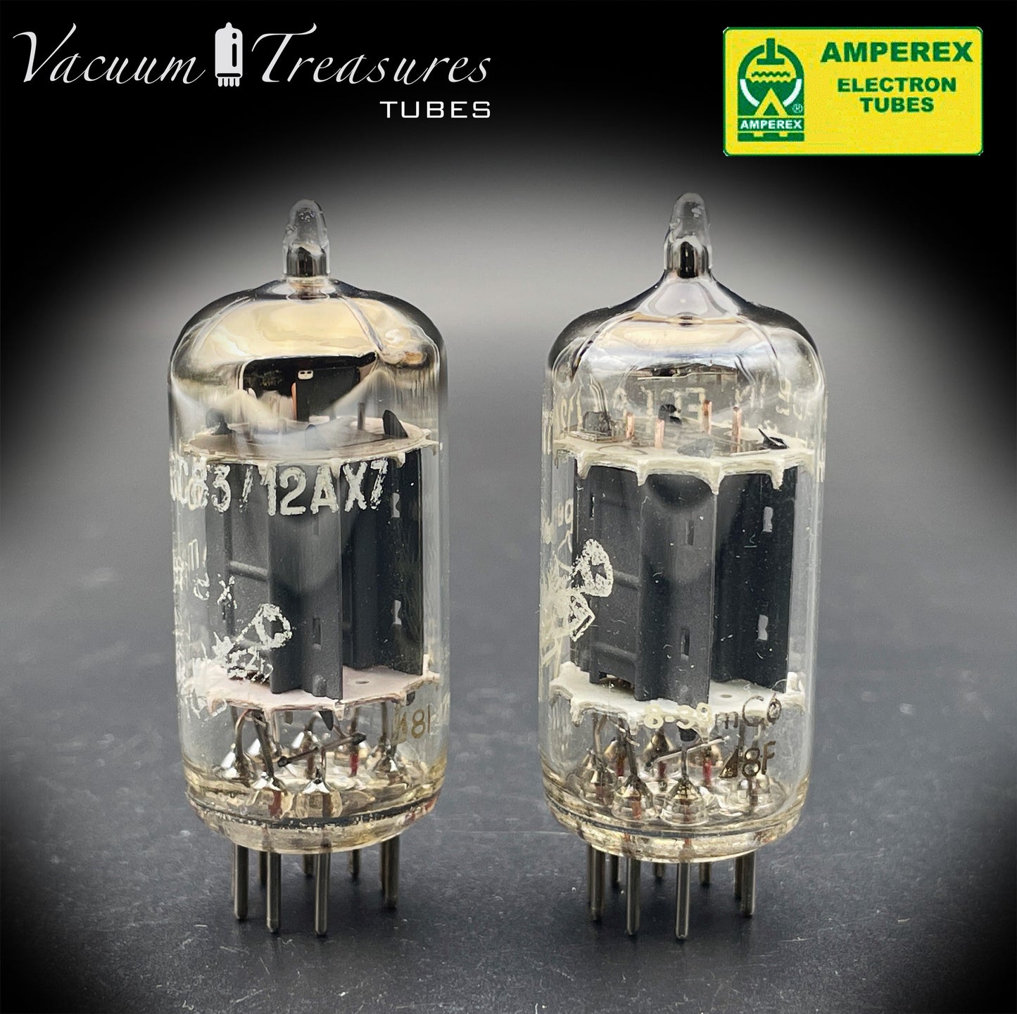 12AX7 / ECC83 NOS Amperex Bugle Boy Matched Pair AMPLITREX Tested Long Plates Foil Getter '58