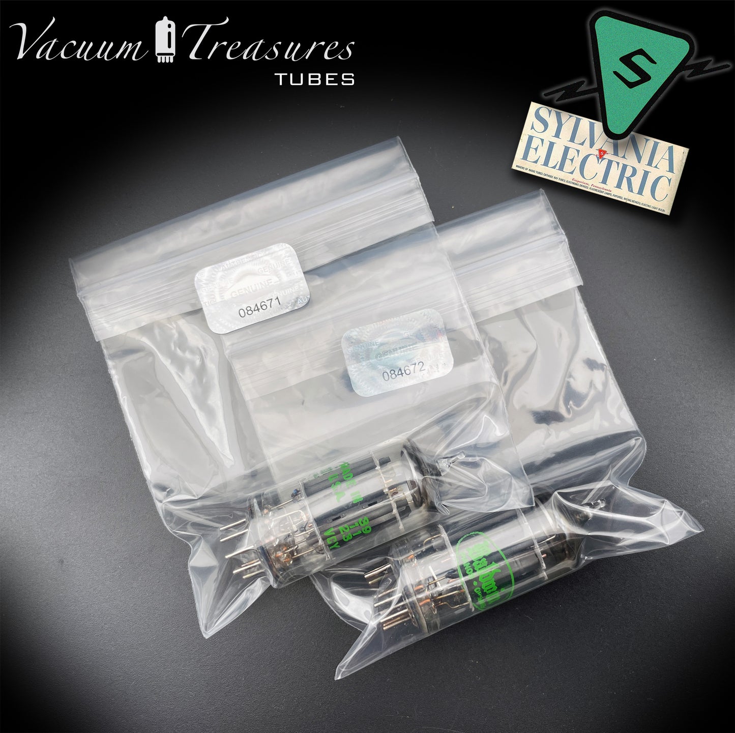 12AX7 ECC83 Baldwin by SYLVANIA – Matched Pair – Long Gray Plates Halo Getter USA 1959