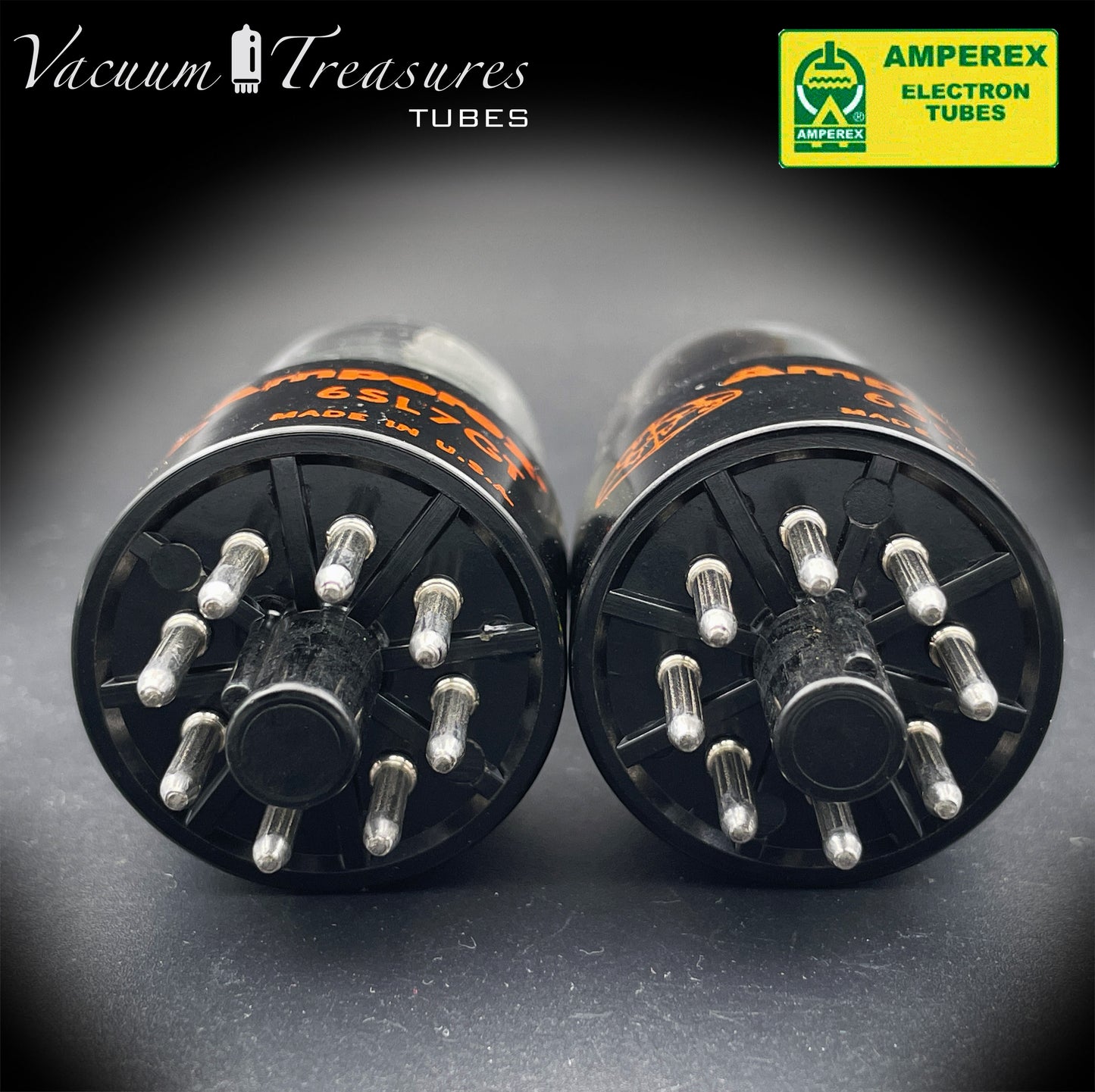 6SL7GT AMPEREX GLOBE Matched Pair Silver Plates Side Halo Getter Tubes USA 60s