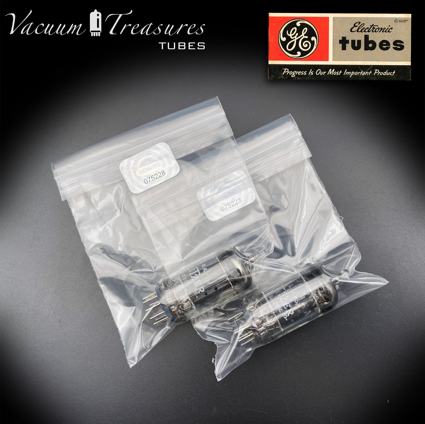 12AX7 / ECC83 Wurlitzer by GE Matched Pair Long Gray Plates Halo Getter Made in USA '63