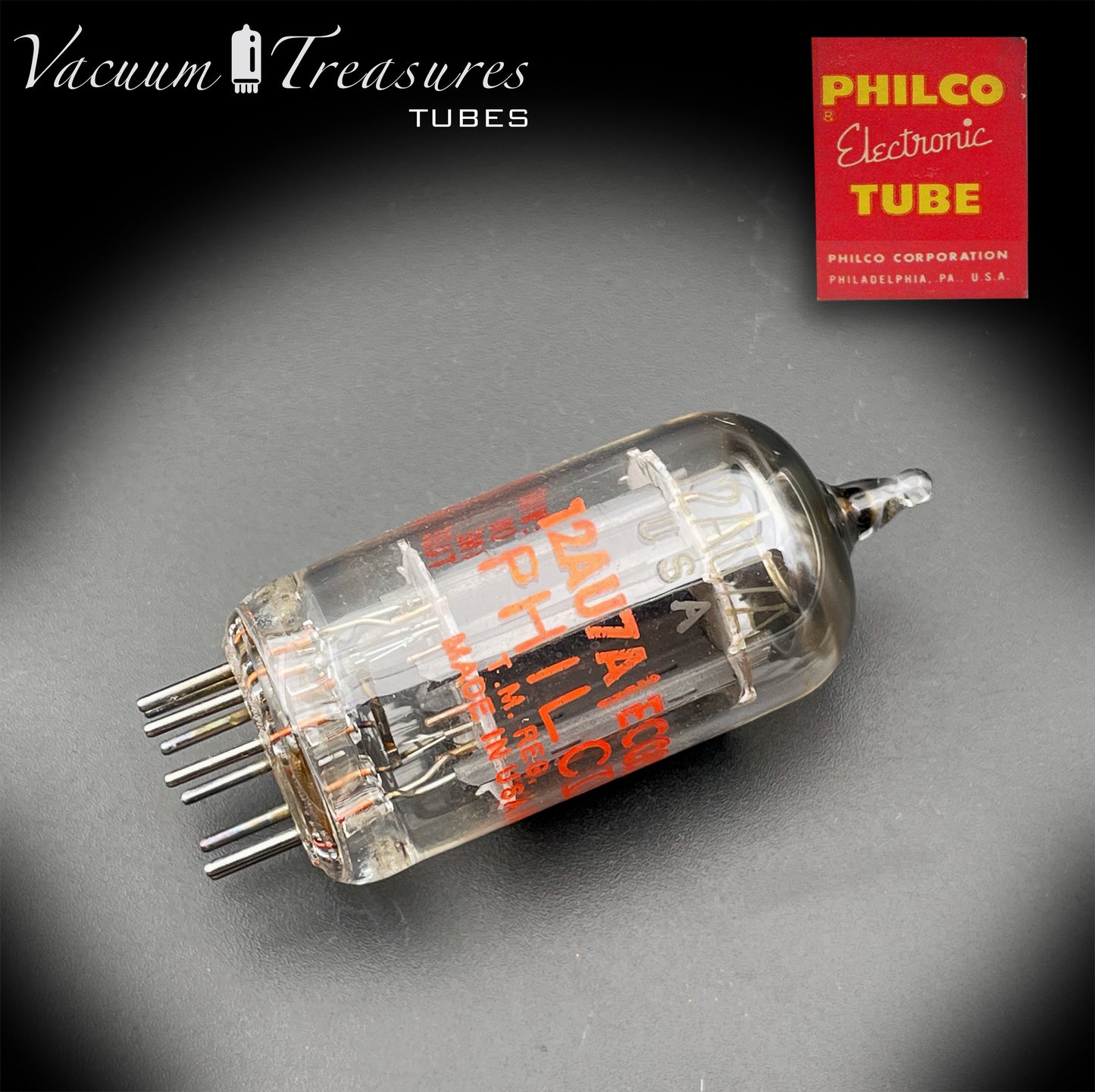 12AU7 ( ECC82 ) NOS PHILCO Long Gray Plates Halo Getter Tested Tube Made in USA