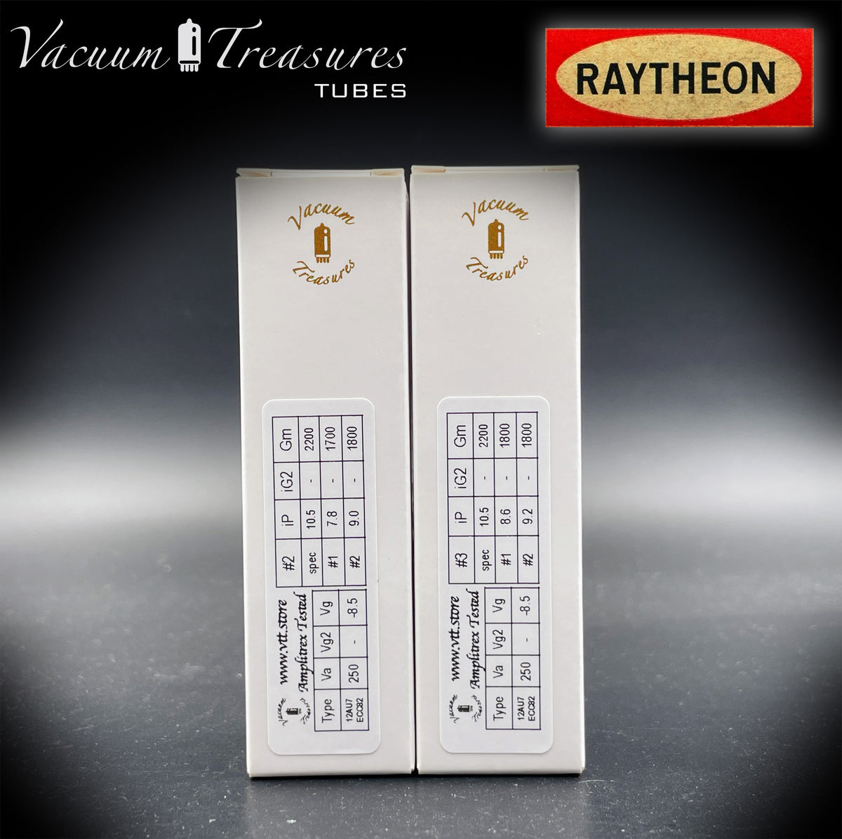12AU7 / ECC82 RAYTHEON Matched Pair Long Black Plate Square Getter Tested Tubes USA '57