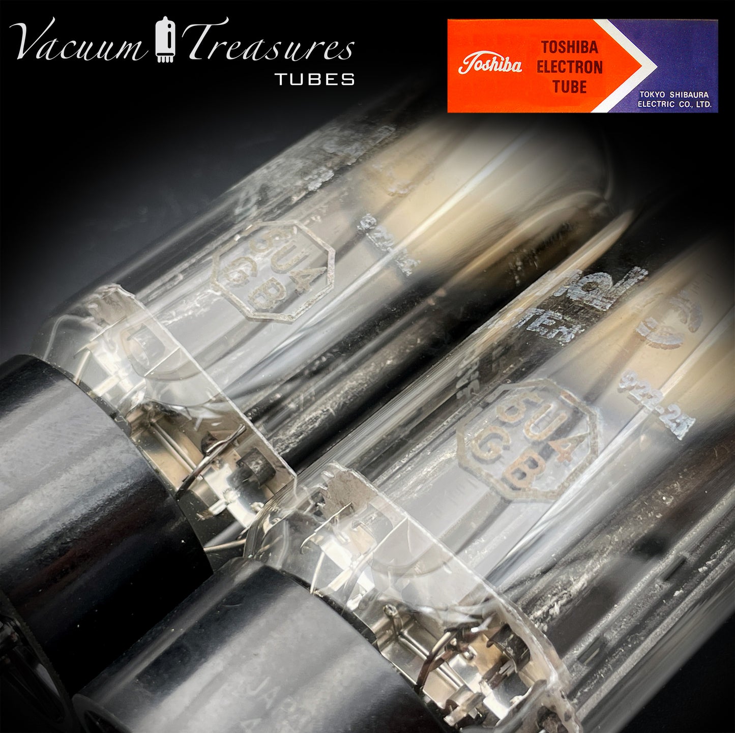 5U4GB 5AS4A NOS NIB TOSHIBA/International Black Plates Matched Pair Tubes Top Side Dual Disc Getter Rectifiers Made in JAPAN