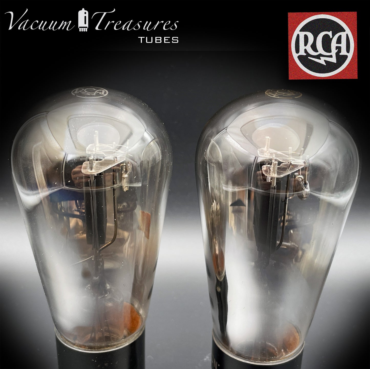 45 RCA Balloon Globe Black Plates Foil Dimpled Getter Matched Pair Radiotron Tubes Made in USA 1930's