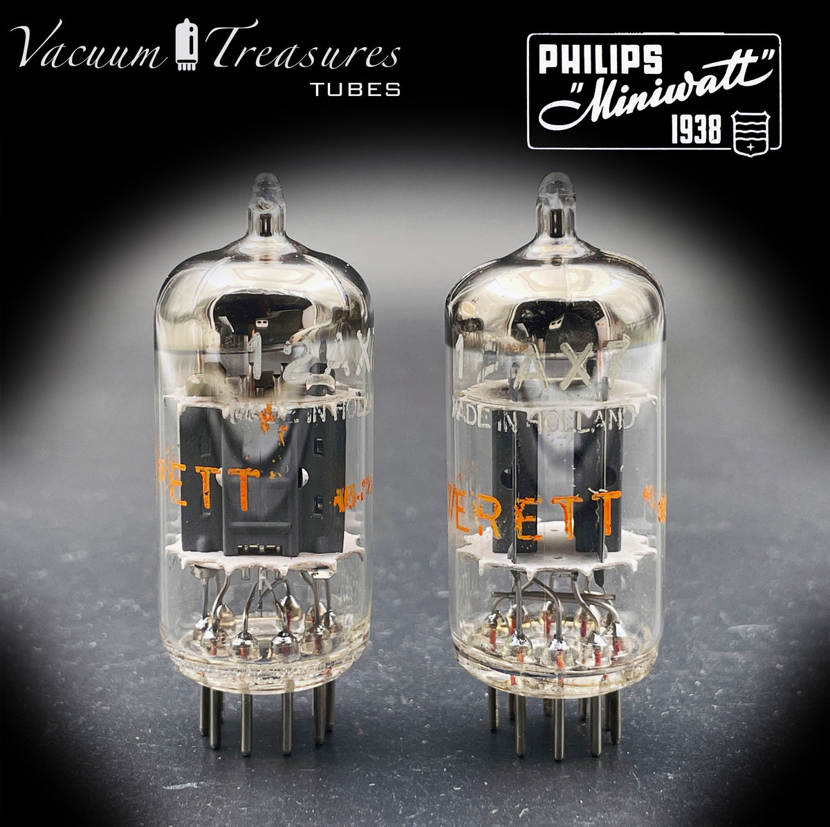 12AX7 / ECC83 NOS EVERETT by Philips Heerlen Matched Pair 1964 Short Gray Plates HOLLAND MADE