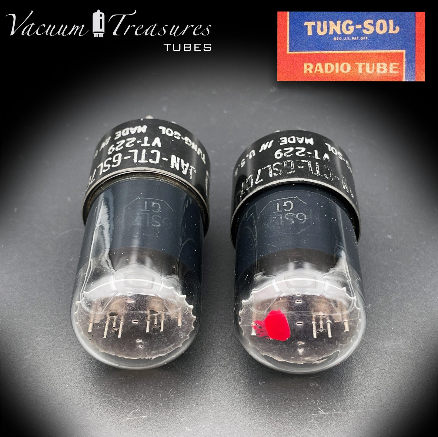 6SL7 GT ( VT-229 ) TUNG-SOL JAN CTL Black Glass Black Round Plates Matched Tubes Made in USA '50s