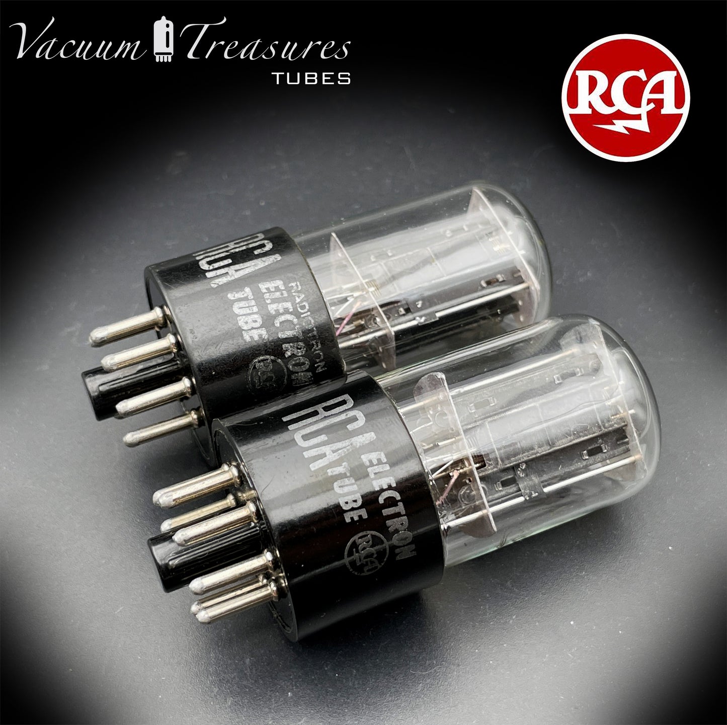 6SN7 GTB RCA Silver Logo AMPLITREX Tested Pair Same data Codes Black Plates D Getter Low Noise & Mic Tubes