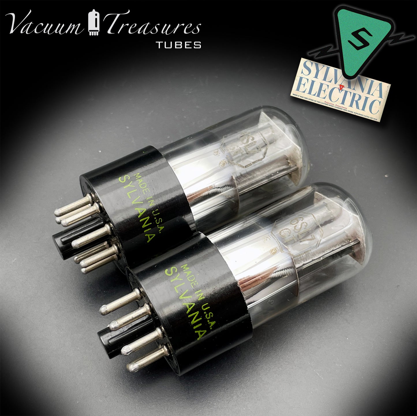 6SL7GT (VT-229) SYLVANIA NOS Black Round Plates Foil Getter AMPLITREX Matched Pair Made in USA '50s.
