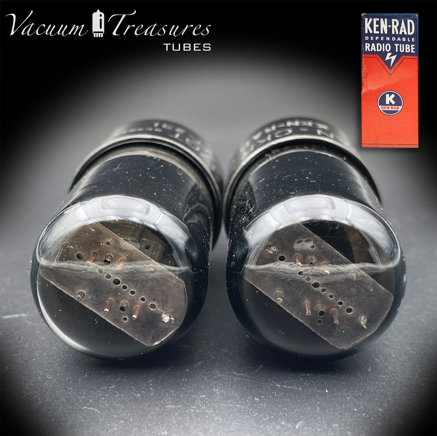 6SN7GT VT-231 KEN-RAD Black Plates Black Glass Foil Getter – Matched Pair – Made in USA anni ’40