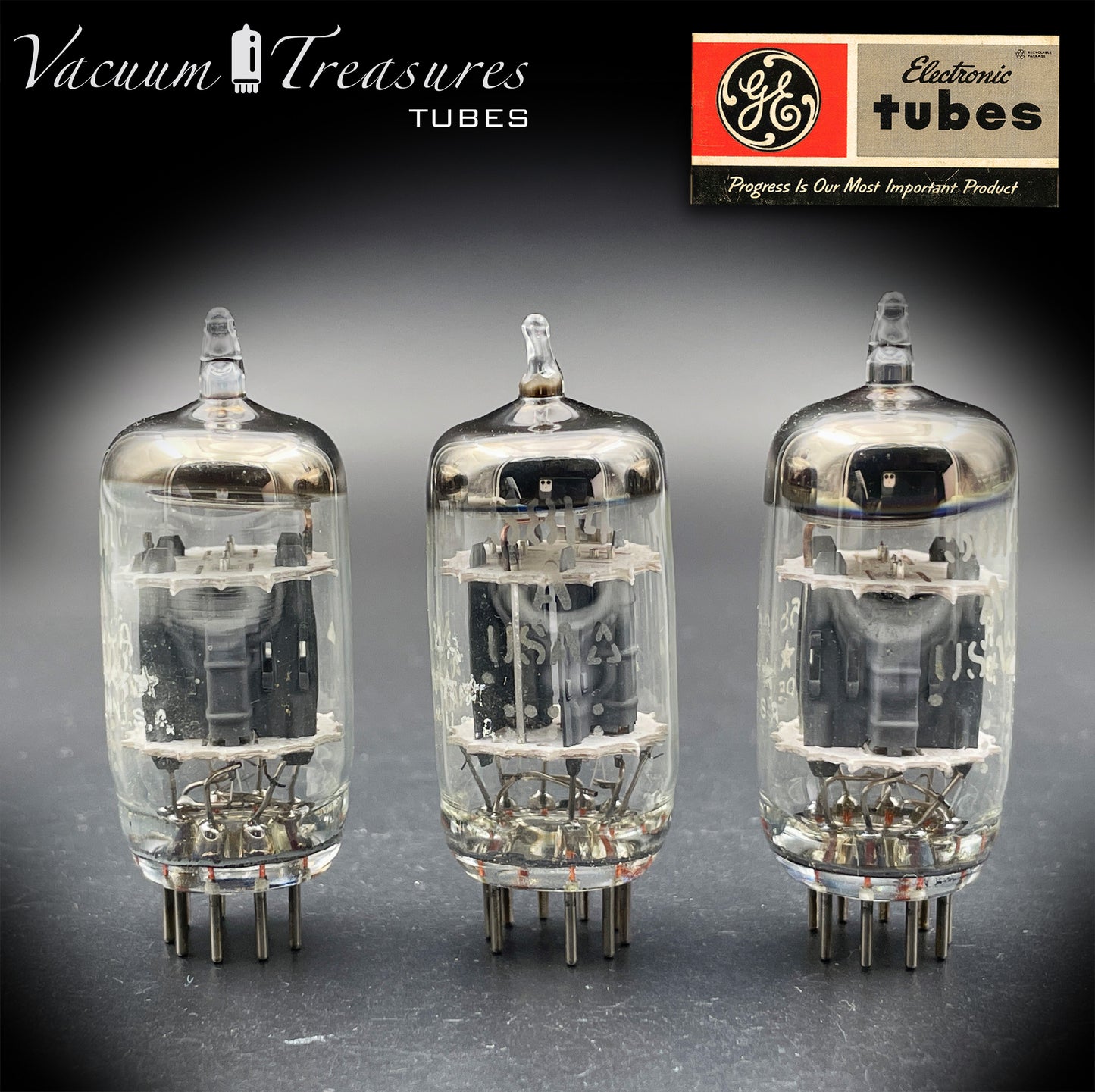 5814A / 12AU7WA / E82CC GE Five Stars Matched Trio Gray Plates Disc Getter Made in USA '66