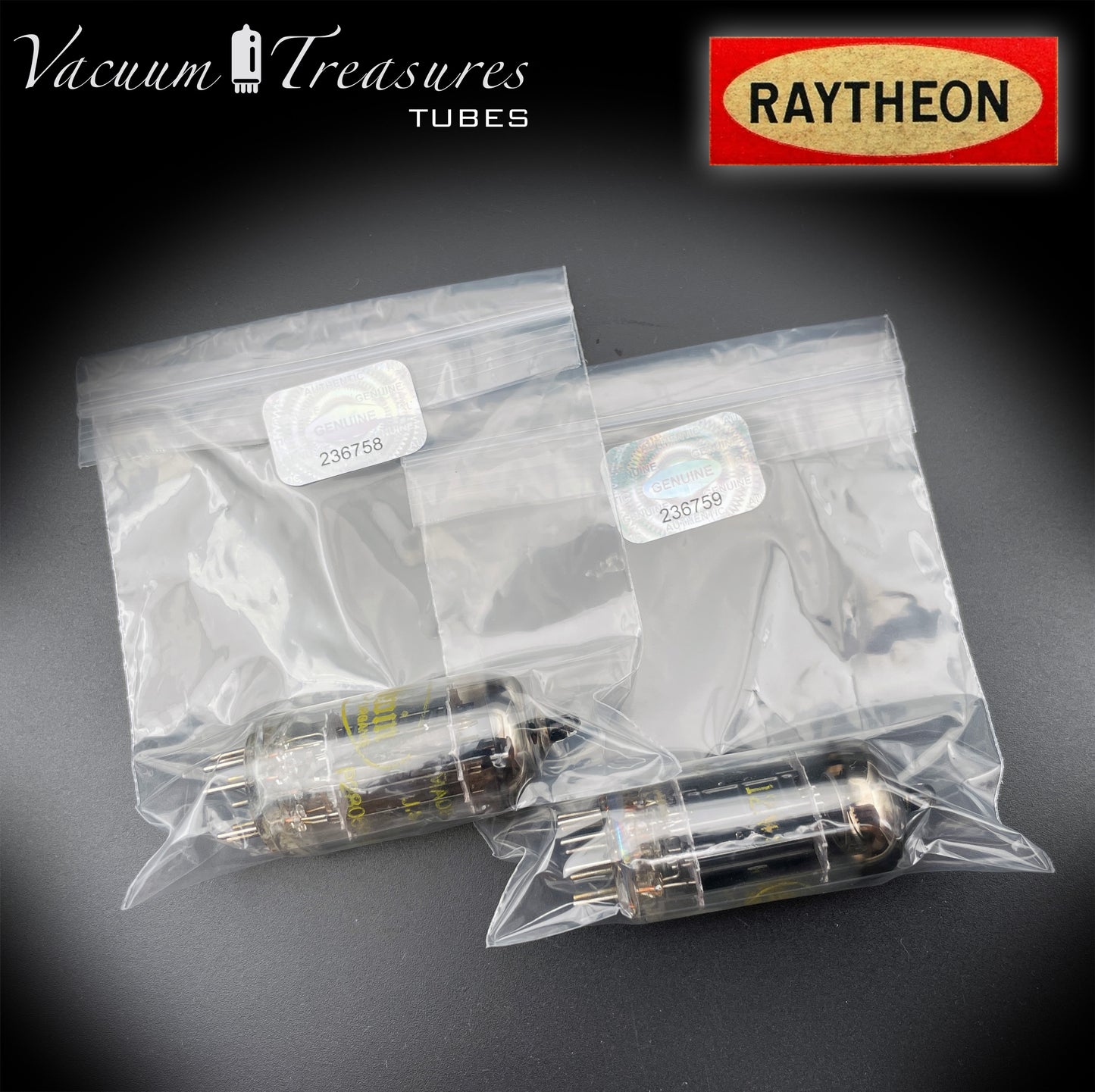 12AU7 ( ECC82 ) NOS RAYTHEON for Baldwin Long Black Plates Halo Getter Matched Tubes Made in USA '59