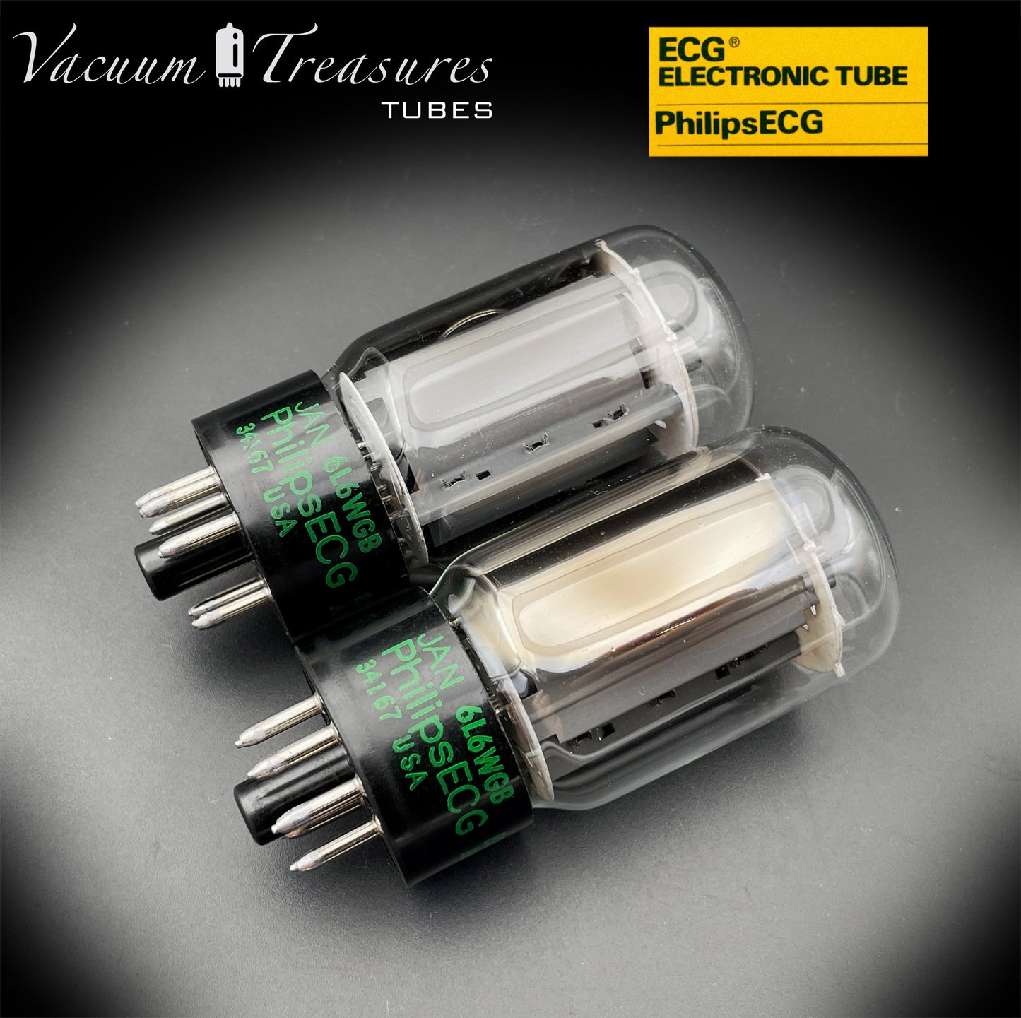 JAN 6L6WGB PHILIPS ECG Matched Pair Gray Plates Side Halo Getter AMPLITREX Tested – NOS NIB