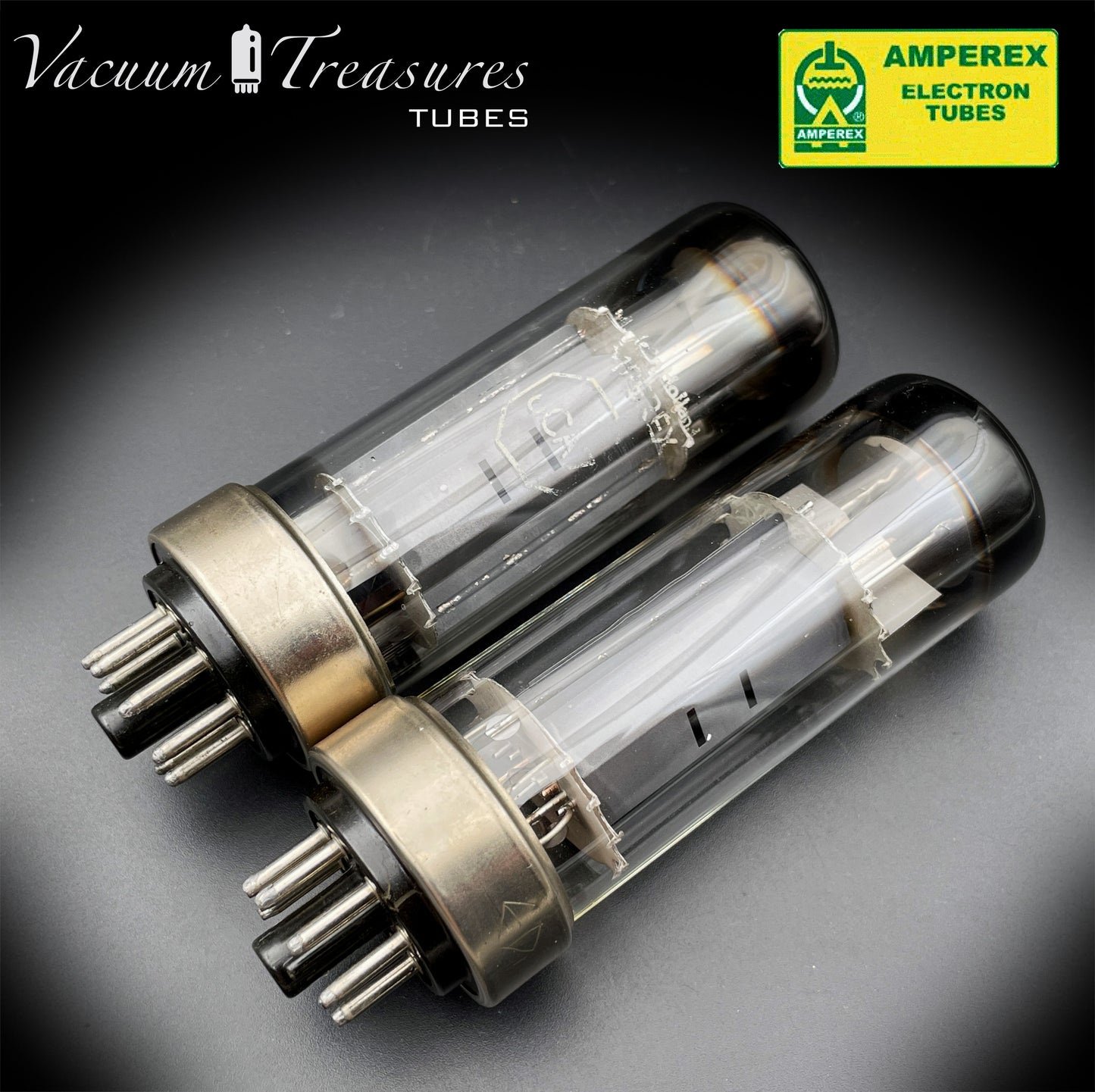 6CA7 EL34 AMPEREX by PHILIPS Eindhoven Metal Base ’55 One-Piece Disc Getter Matched Pair Amplitrex Tested Curves Included