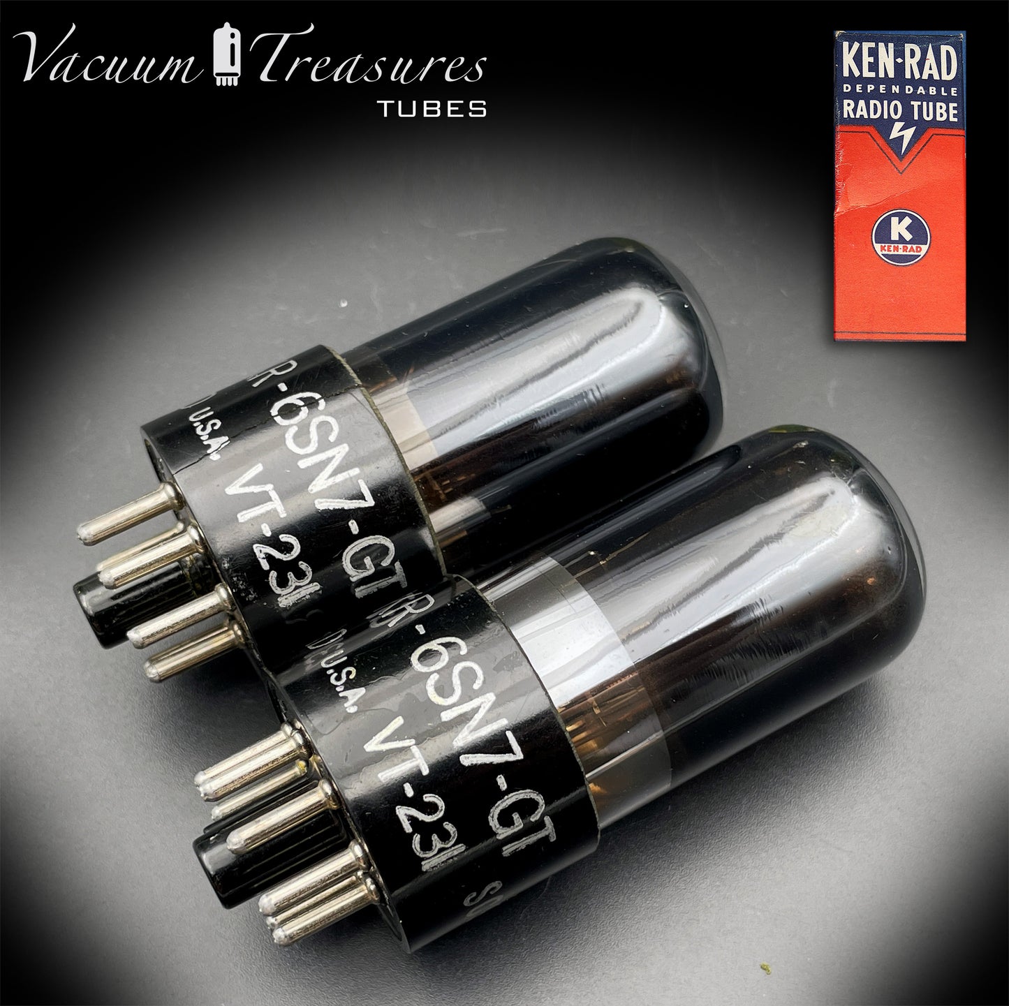 6SN7GT VT-231 KEN-RAD Black Plates Black Glass Foil Getter – Matched Pair – Made in USA anni ’40