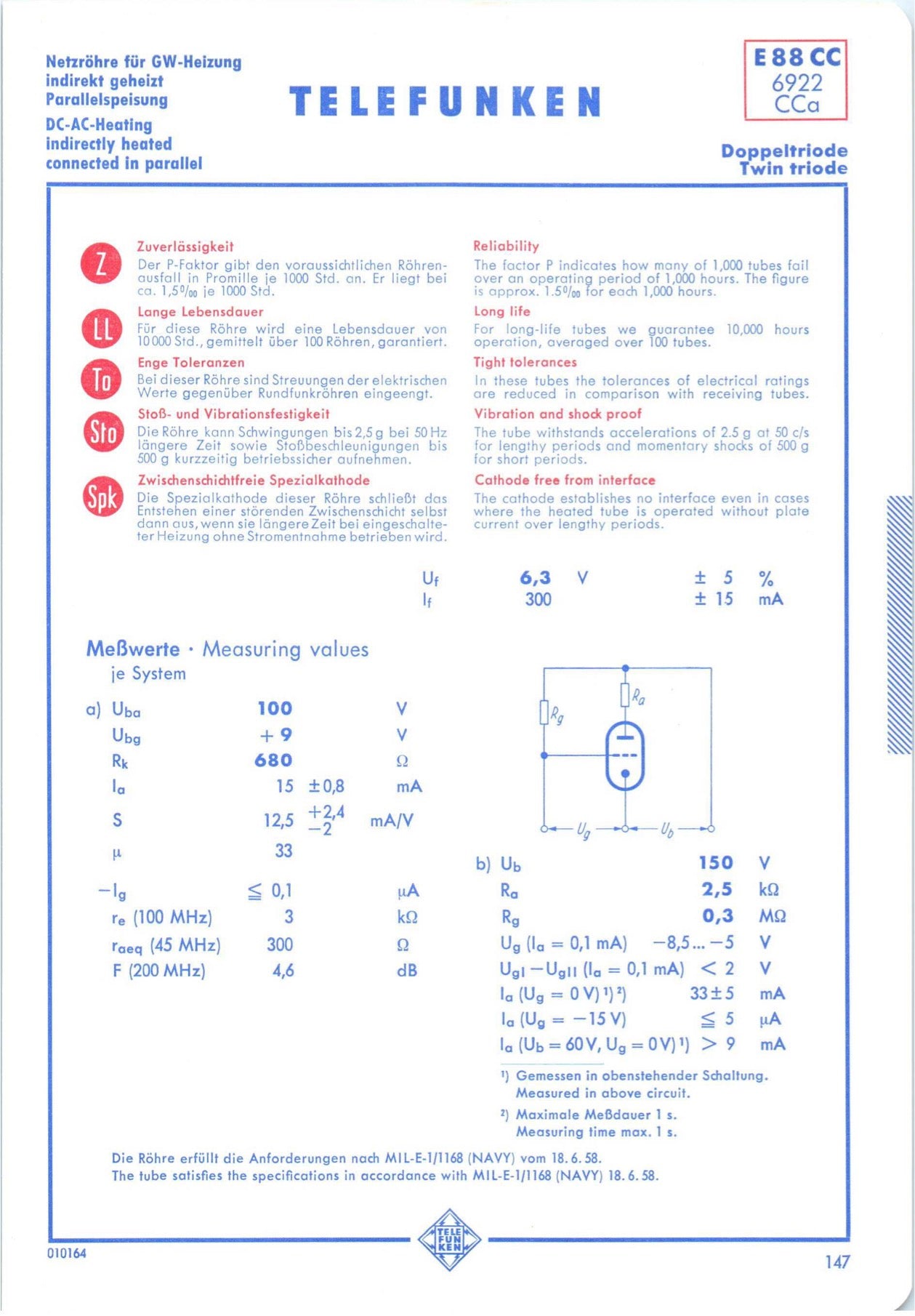 ECC88 6DJ8 TELEFUNKEN Diamond <> Bottom Tested Tube Made In Western Germany '62