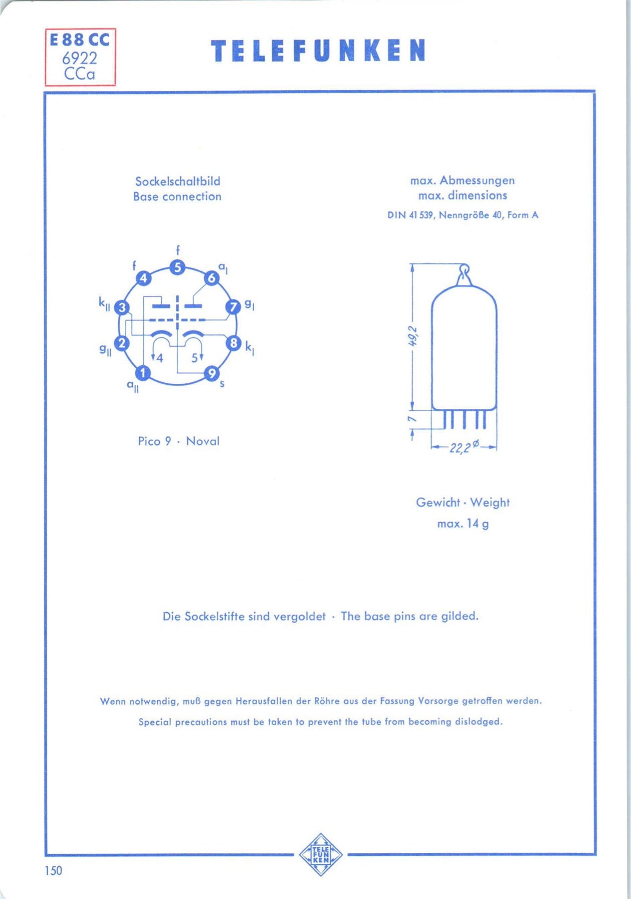 ECC88 6DJ8 TELEFUNKEN Diamond <> Bottom Tested Tube Made In Western Germany '62