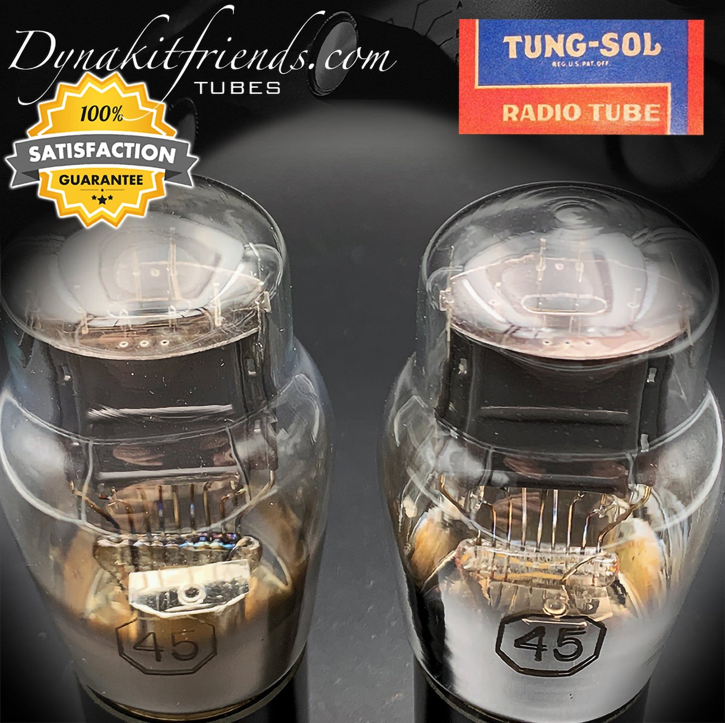 45 ST TUNG-SOL Black Plates Foil Dimpled Getter Matched Pair Tubes Made in USA 1940's - Vacuum Tubes Treasures